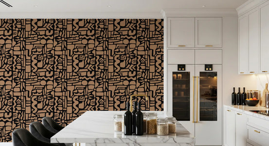 Tan-on-black abstract shape wallpaper in a kitchen with a marble island GD12479