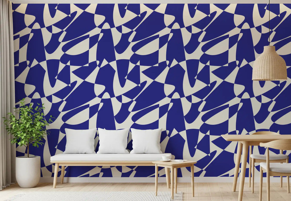 Blue shape wallpaper in a living room with a wood bench and dining chairs GD12480