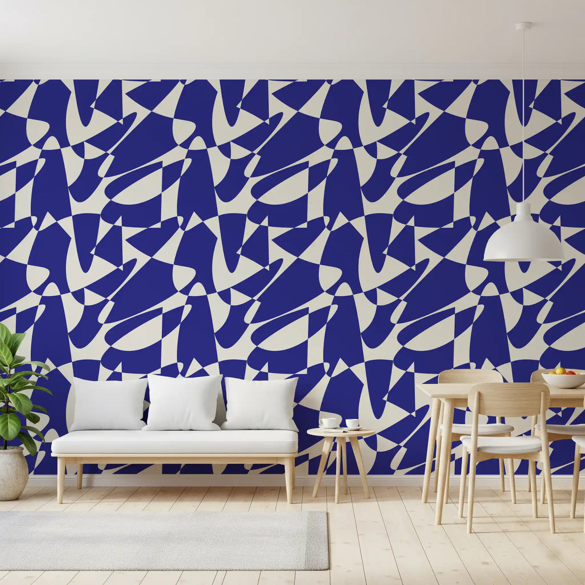 Cobalt shape wallpaper in a dining space with a wood bench and plant GD12480