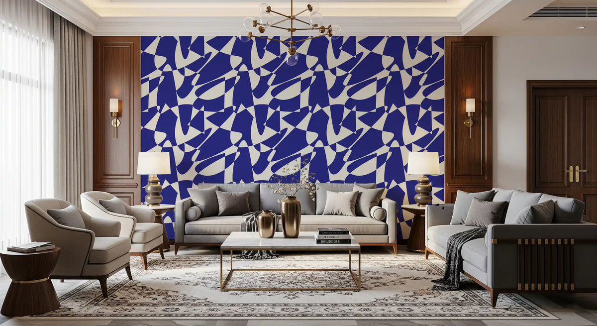 Cobalt cut-out wallpaper in a formal living room with brown wood accents GD12480
