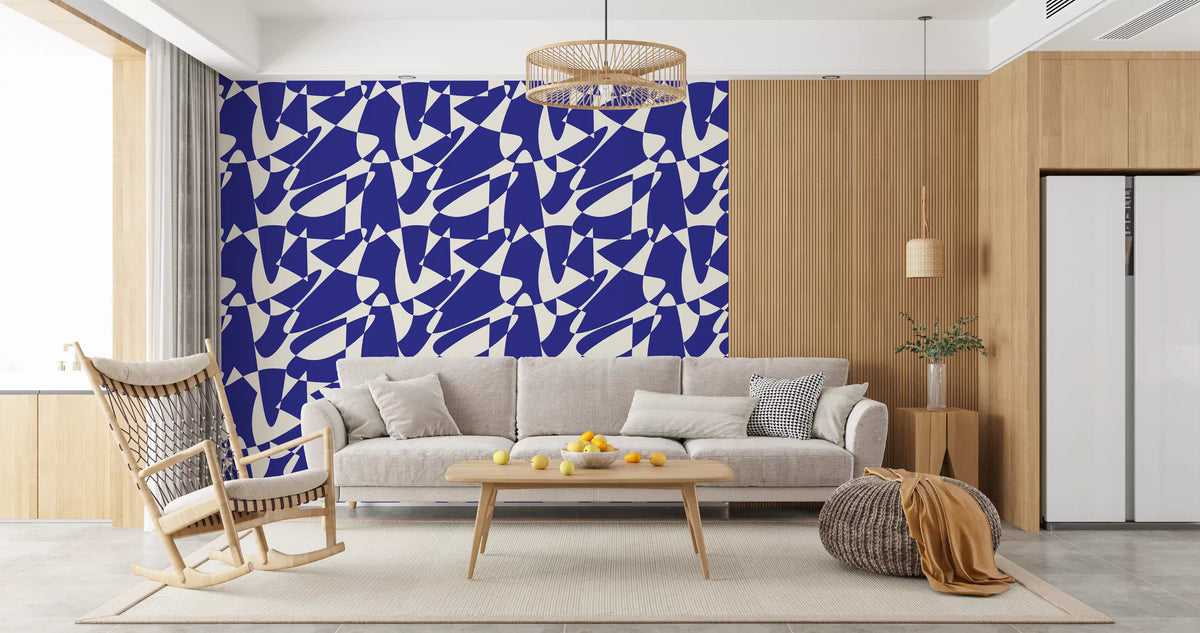 Blue abstract wallpaper in a living room with a wood slat wall and windows GD12480