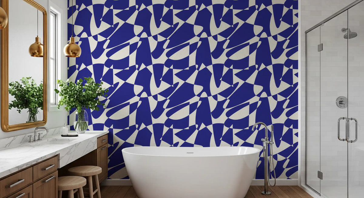 Blue cut-out wallpaper in a bathroom with a freestanding tub and vanity GD12480