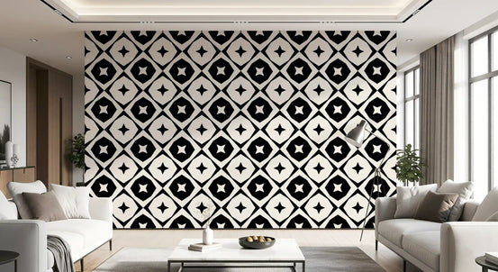 Black and cream star lattice wallpaper in a living room with white sofas GD12481