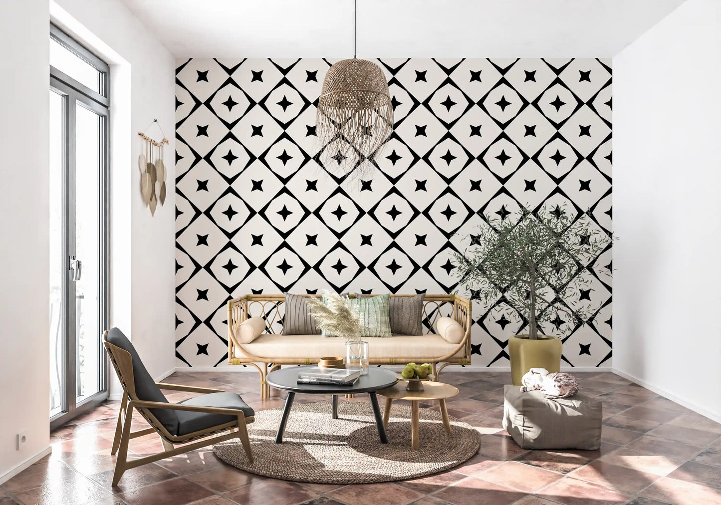 Monochrome Geometric Star Grid Wallpaper⁠