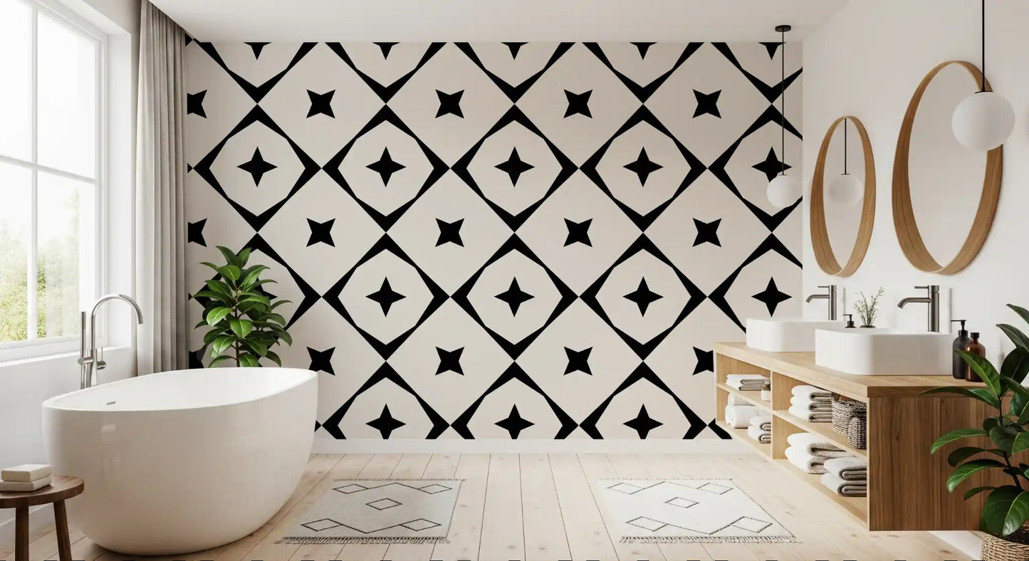 Monochrome Geometric Star Grid Wallpaper⁠