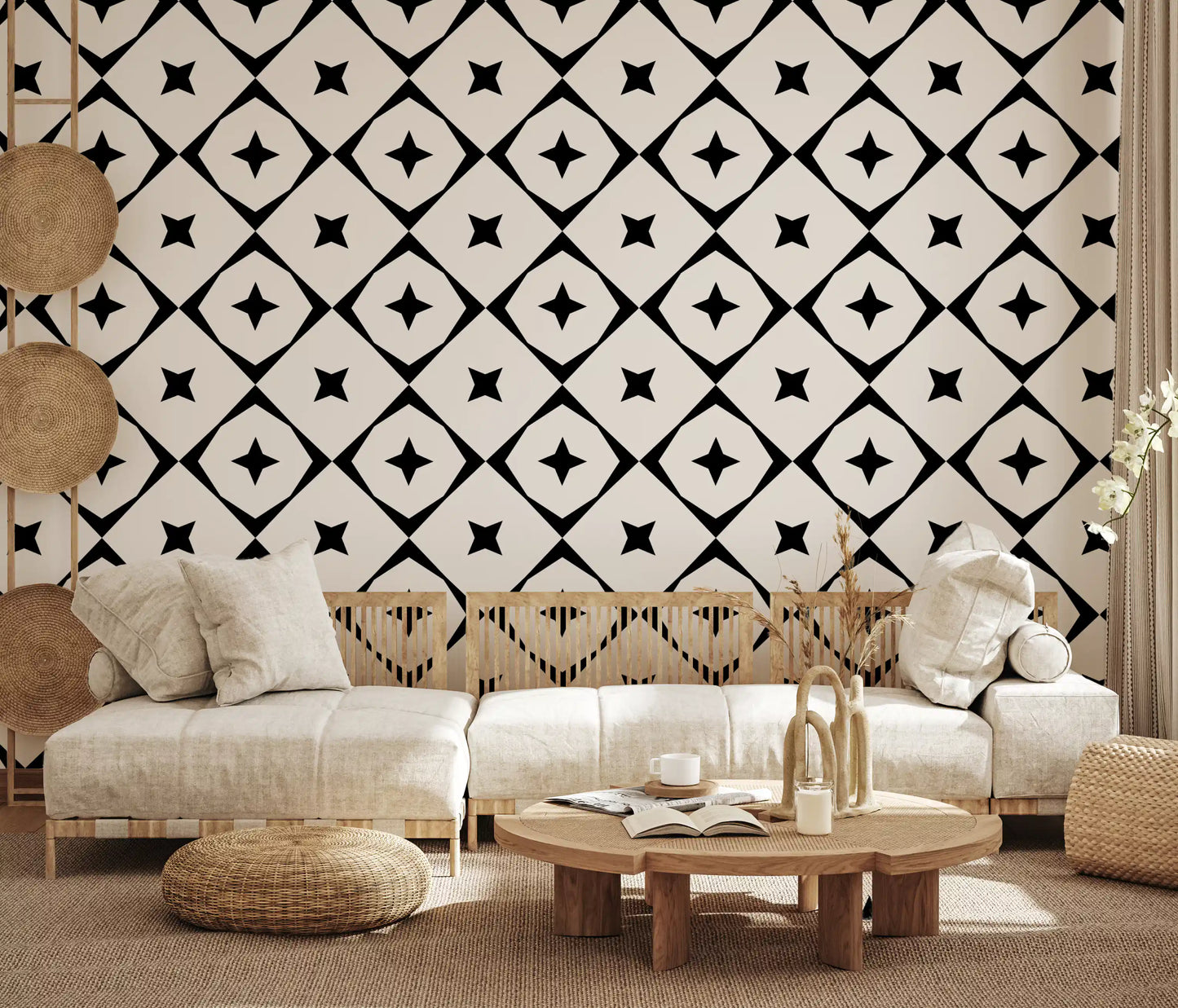 Monochrome Geometric Star Grid Wallpaper⁠