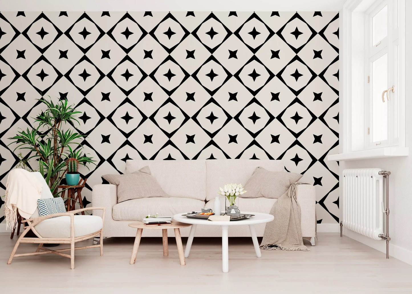 Monochrome Geometric Star Grid Wallpaper⁠