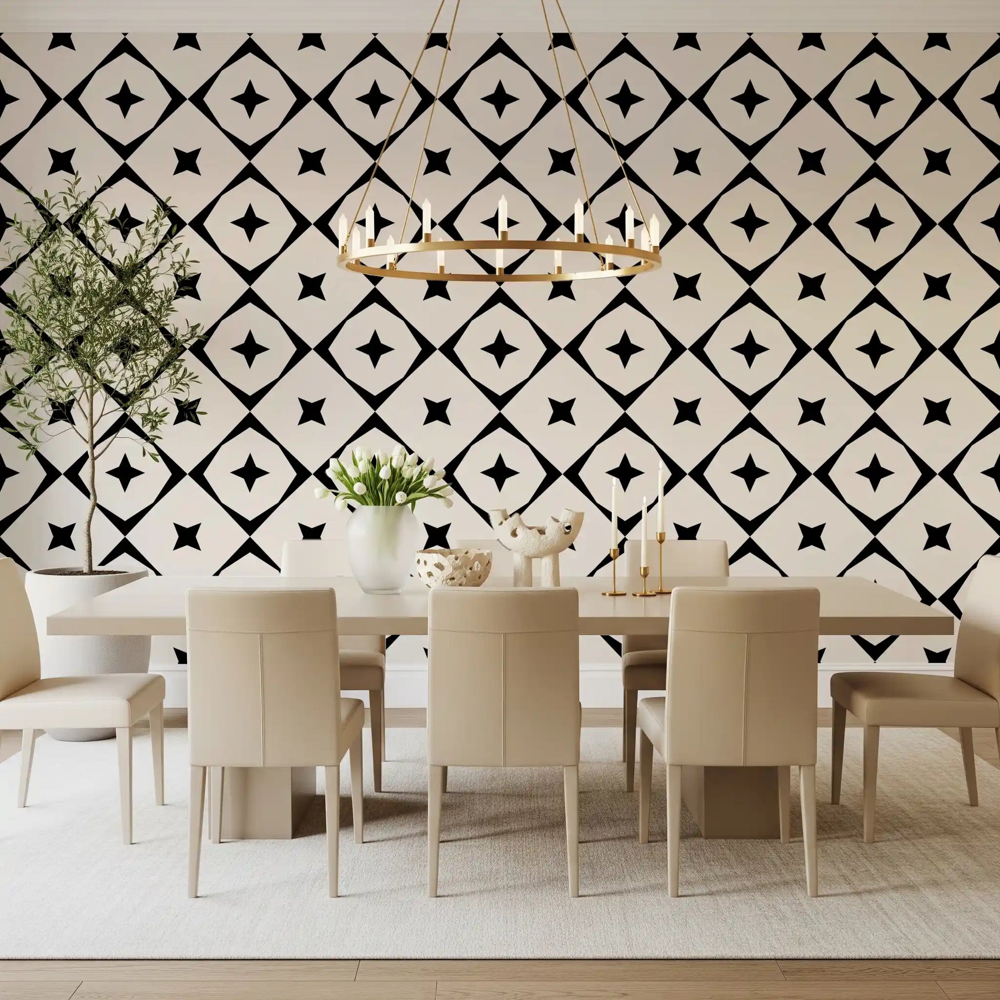 Monochrome Geometric Star Grid Wallpaper⁠