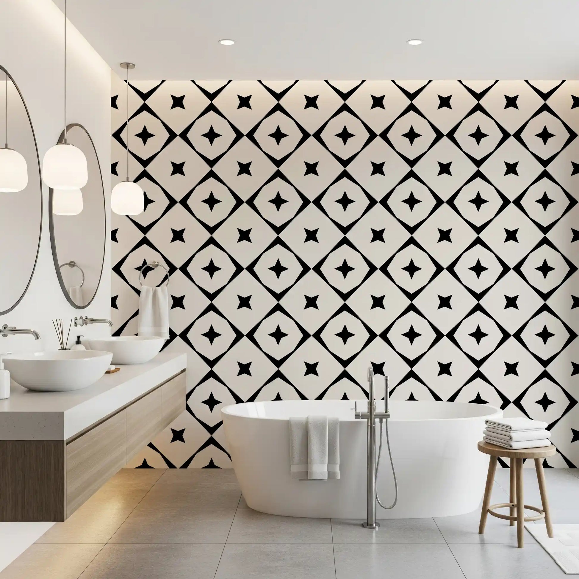 Monochrome Geometric Star Grid Wallpaper⁠