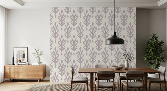 Lavender leaf botanical wallpaper in a dining room with wooden sideboard and table GD12483