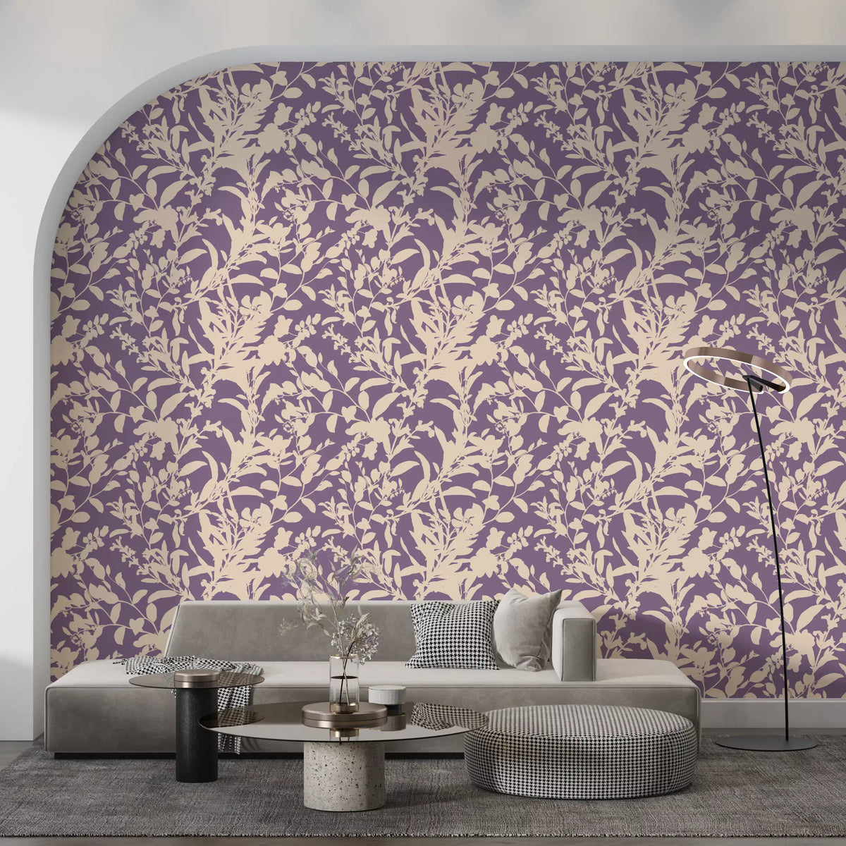 Plum floral silhouette wallpaper in a bright living room with green sofa GD12484