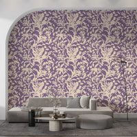 Plum floral silhouette wallpaper in a bright living room with green sofa GD12484