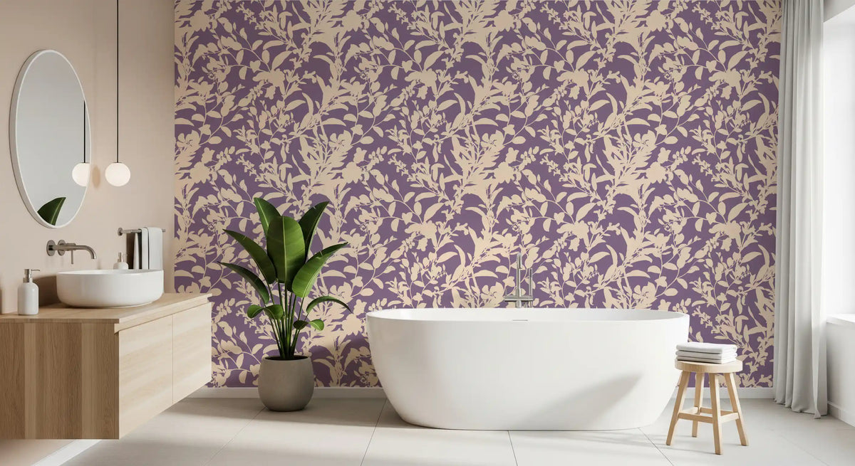 Cream and purple floral wallpaper in a calm bedroom setting GD12484