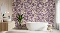 Cream and purple floral wallpaper in a calm bedroom setting GD12484