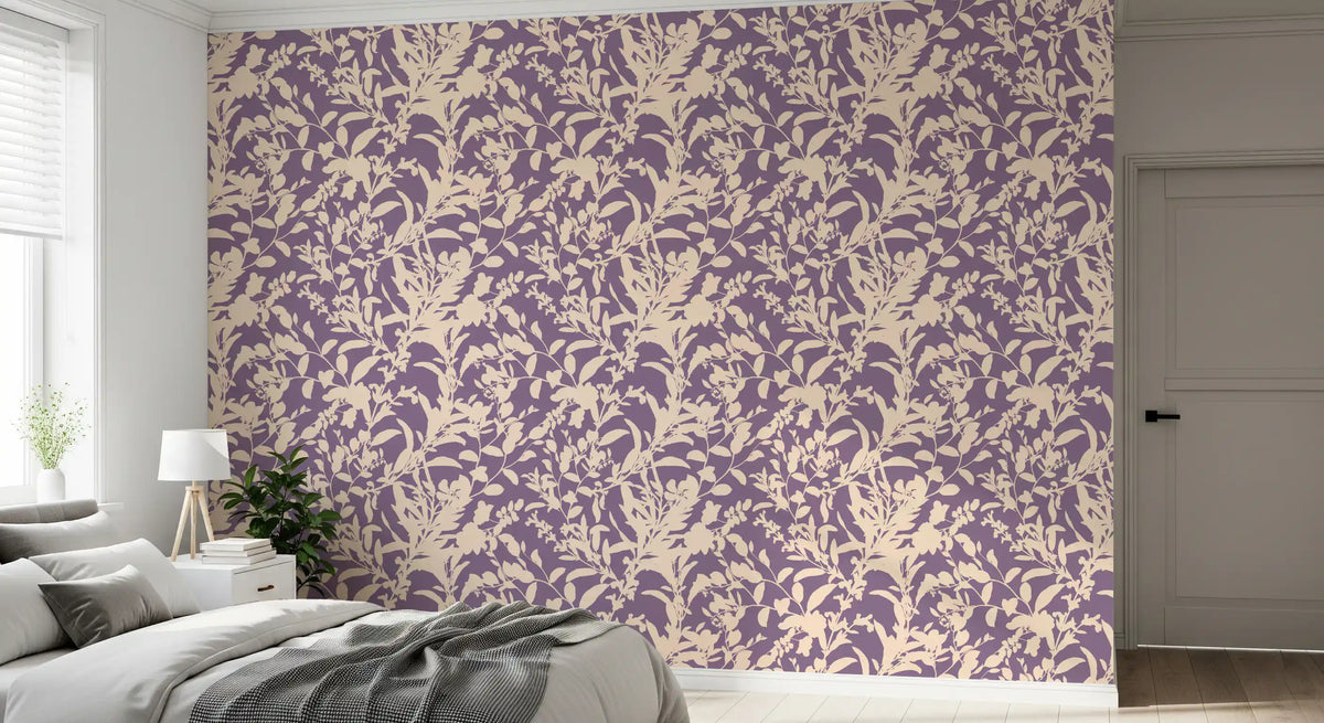 Cream leaf silhouette wallpaper in an arched hallway with grey sofa GD12484