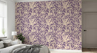 Cream leaf silhouette wallpaper in an arched hallway with grey sofa GD12484