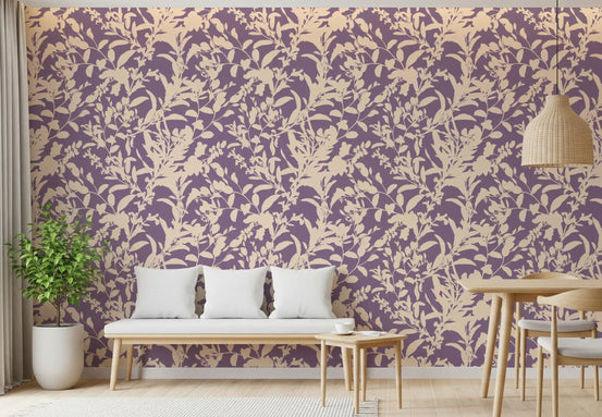 Purple and cream floral silhouette wallpaper in a living room with wooden bench and plants GD12484