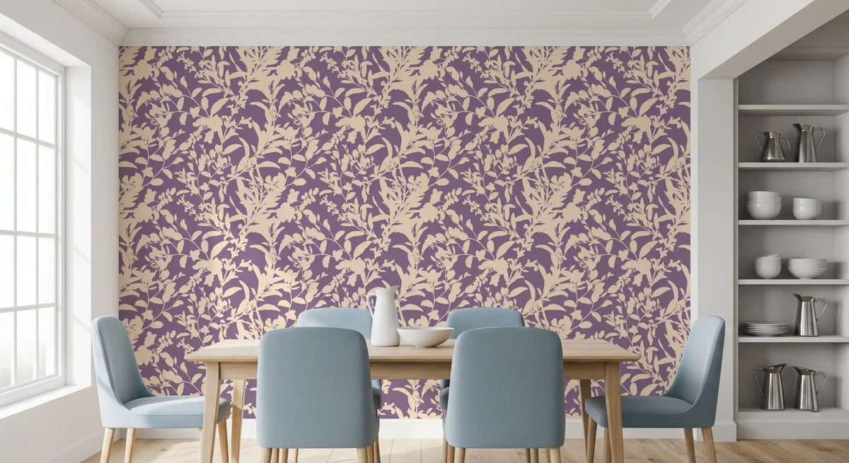 Cream floral silhouette wallpaper in an elegant dining room GD12484