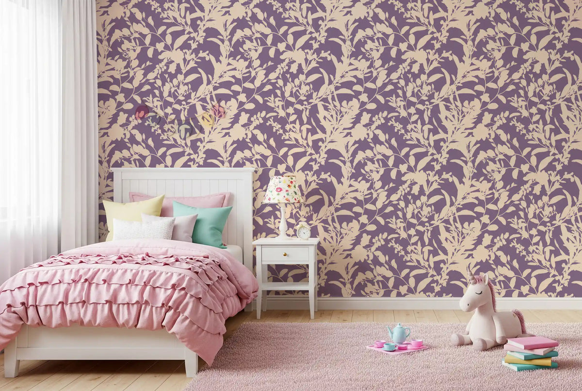 Purple leaf silhouette wallpaper in a cosy hallway with warm wood tones GD12484