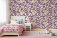 Purple leaf silhouette wallpaper in a cosy hallway with warm wood tones GD12484