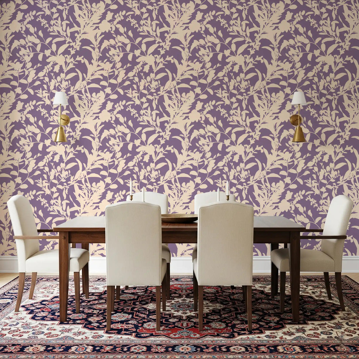Plum and cream botanical wallpaper in a softly lit bedroom GD12484