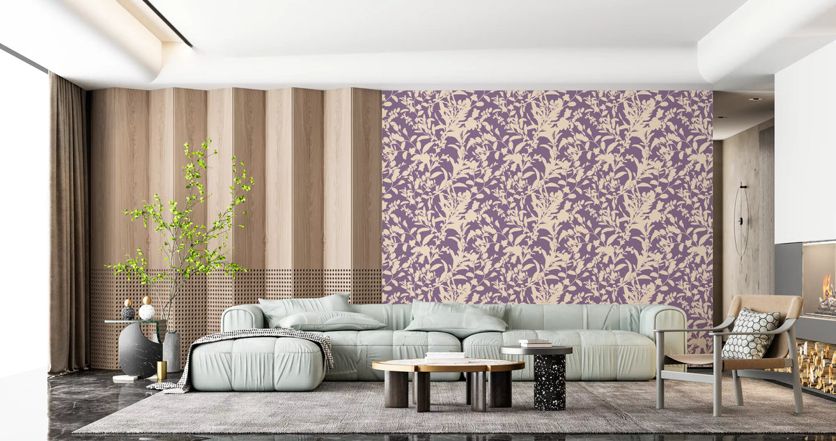 Botanical silhouette wallpaper accent wall in a modern living room GD12484