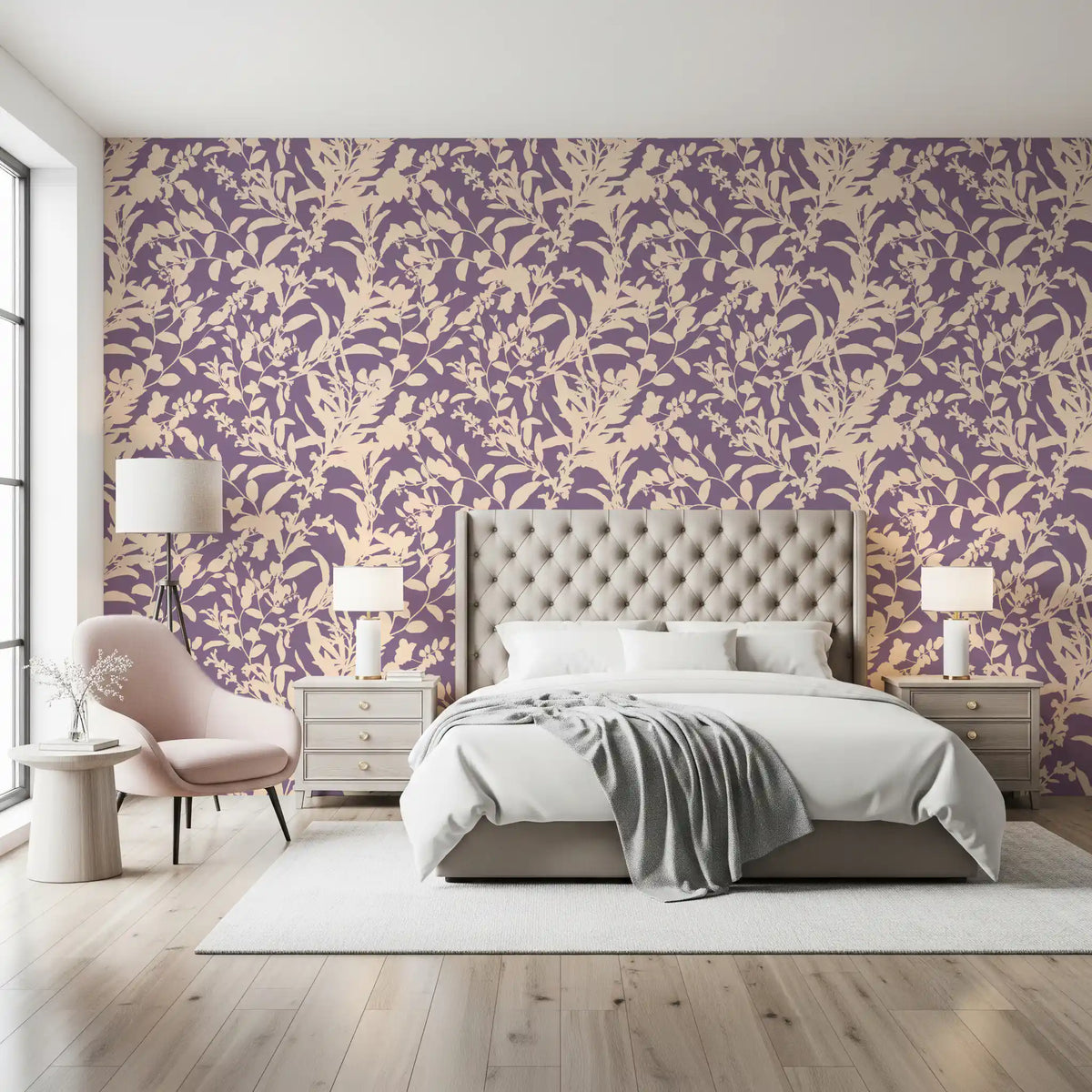 Purple botanical wallpaper feature wall in a dining space with blue chairs GD12484