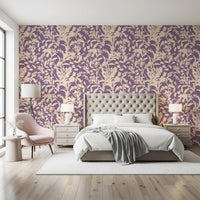 Purple botanical wallpaper feature wall in a dining space with blue chairs GD12484