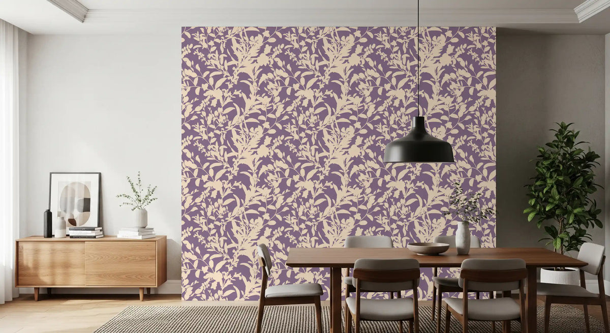 Botanical silhouette wallpaper in a dining room with sideboard and pendant light GD12484