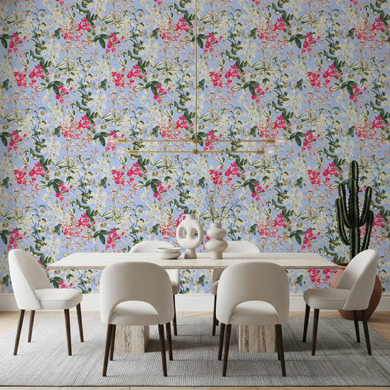 Blue floral meadow wallpaper in a dining room with white table and chairs GD12485
