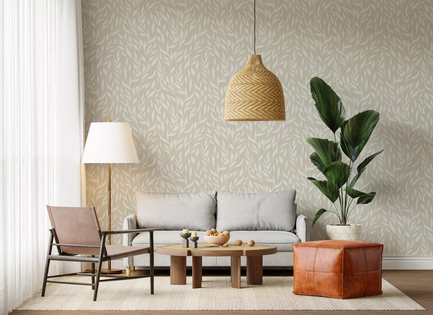 Serene Cream Botanical Leaves Wallpaper⁠
