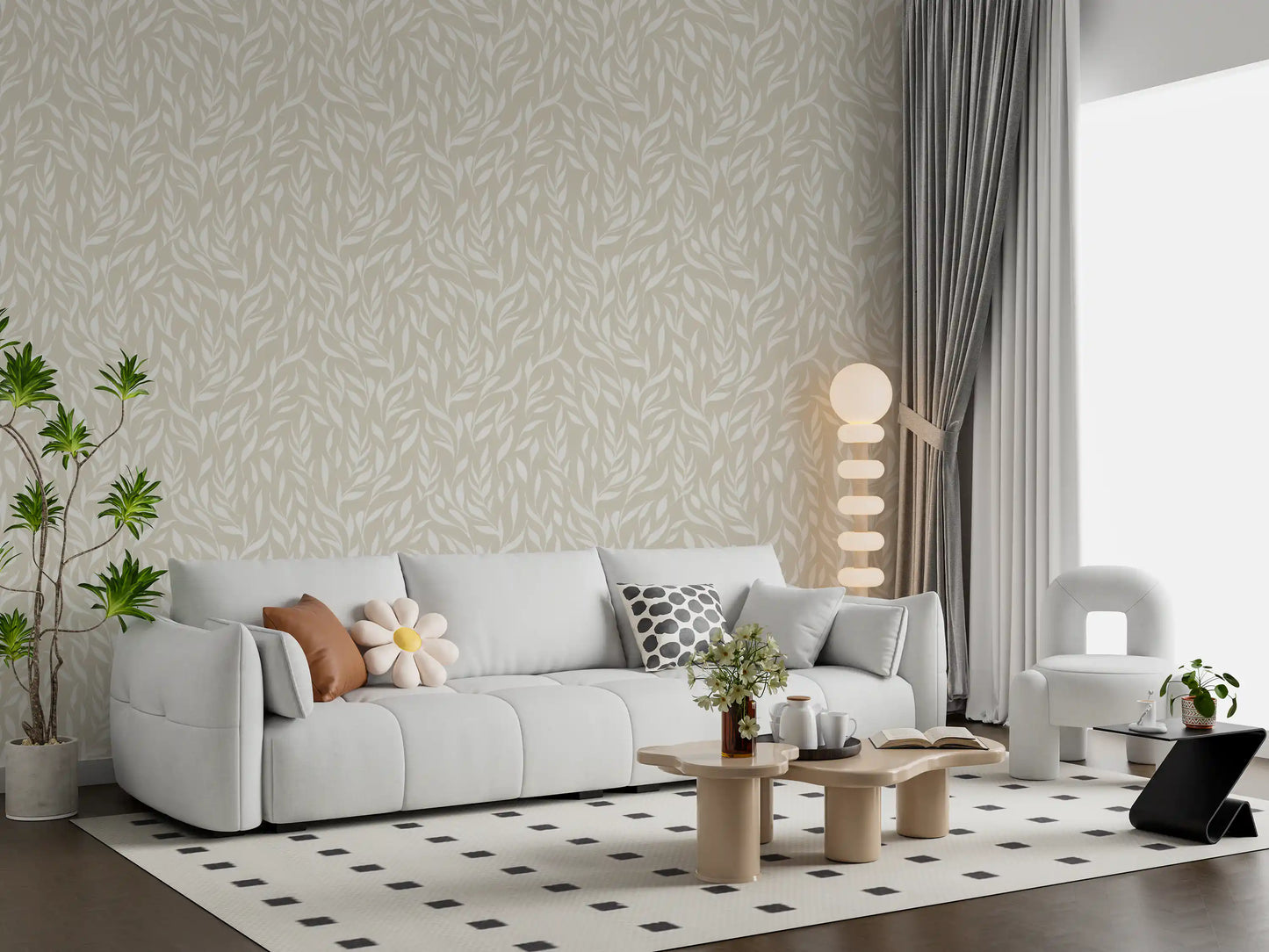 Serene Cream Botanical Leaves Wallpaper⁠