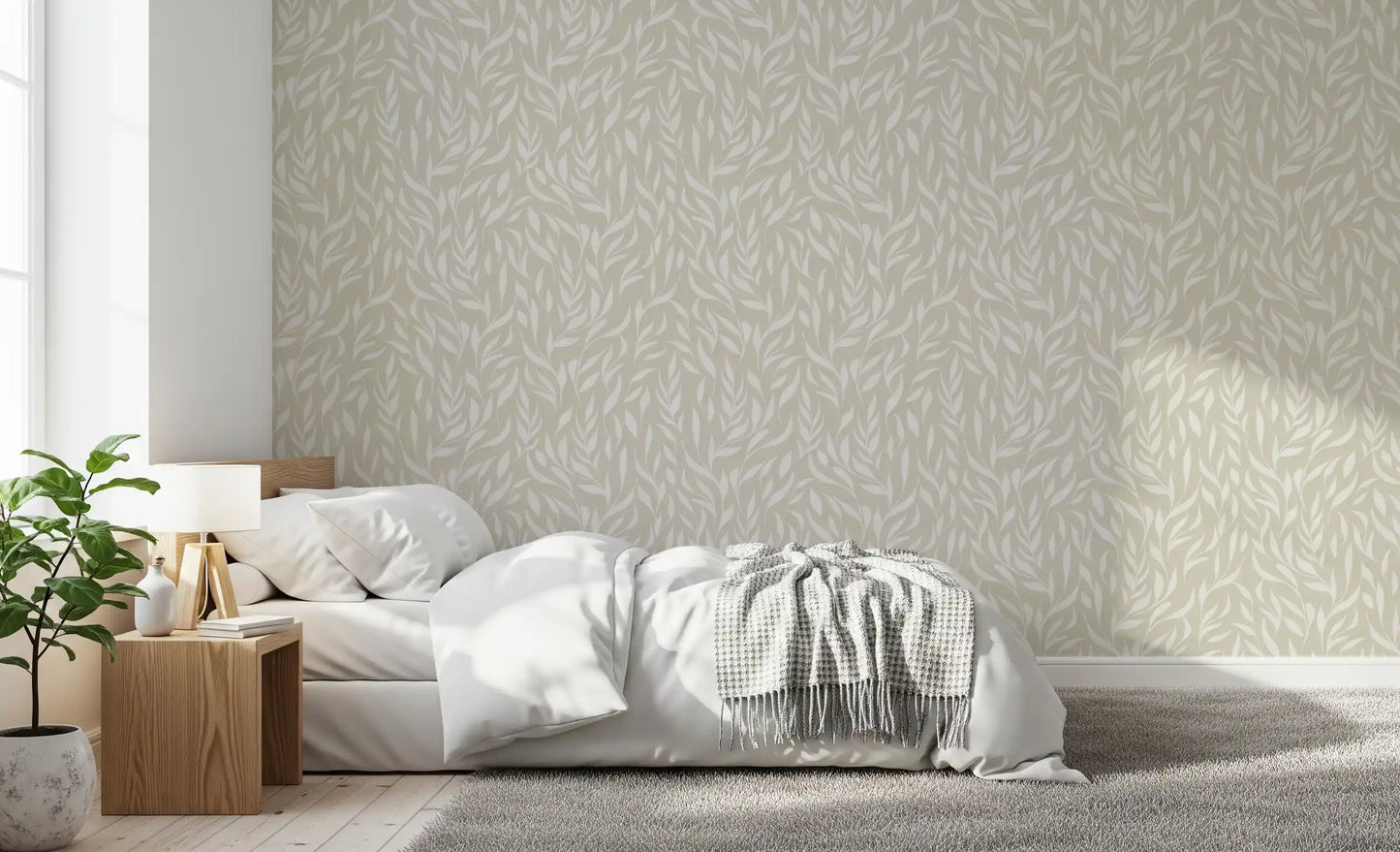 Serene Cream Botanical Leaves Wallpaper⁠