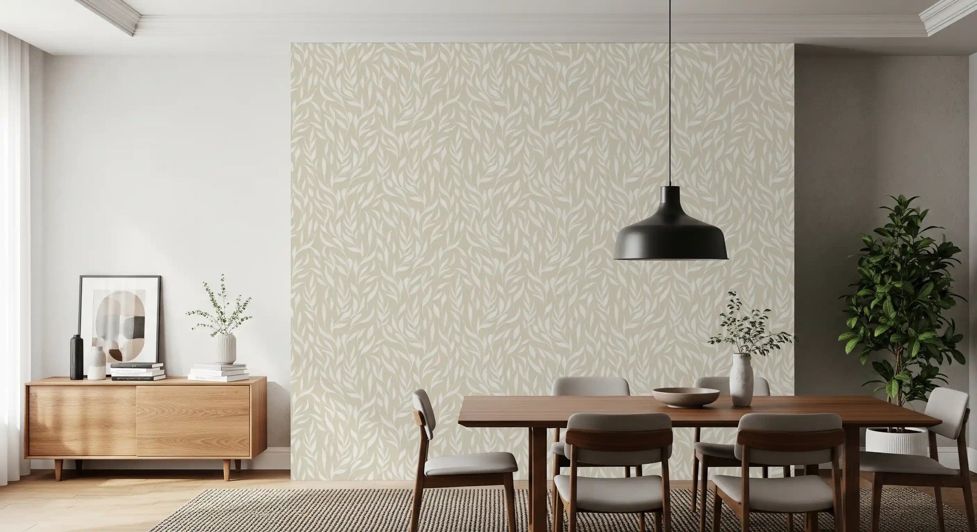 Serene Cream Botanical Leaves Wallpaper⁠