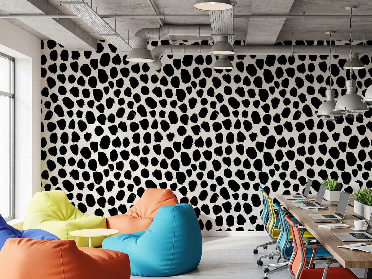 Black spot ink blot wallpaper in a colourful office breakout space GD12487