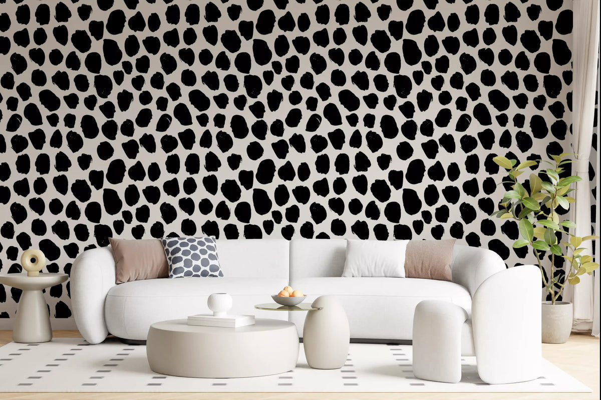 Black and cream spotted wallpaper in a contemporary living room GD12487