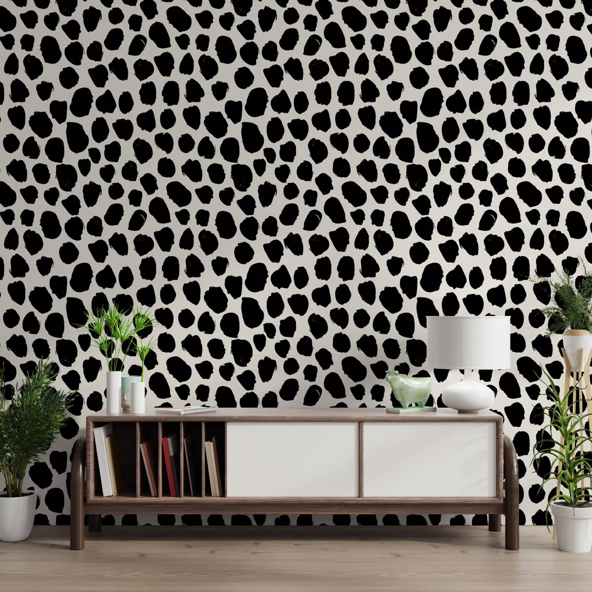 Playful black dot wallpaper in a bright dining nook GD12487