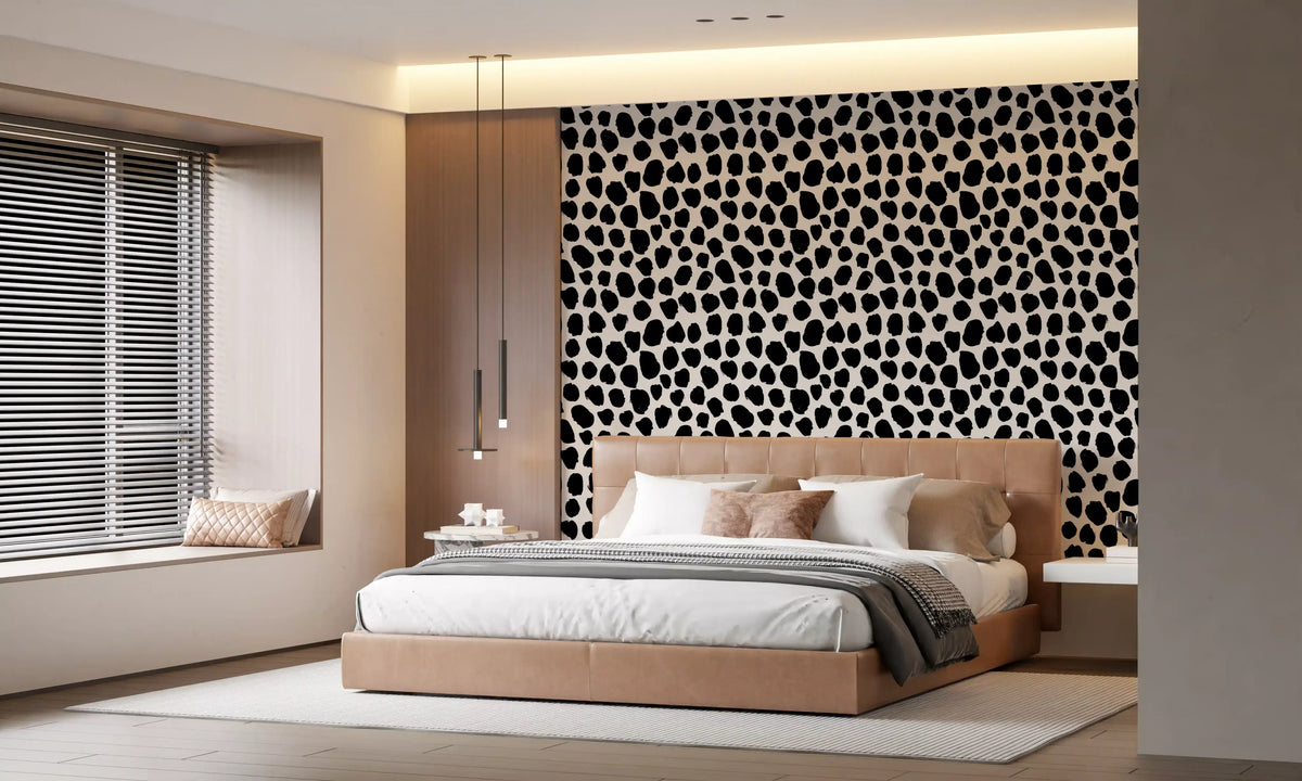 Black spot wallpaper behind a wooden sideboard with plants GD12487