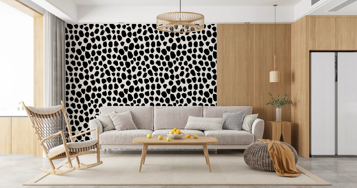 Monochrome ink blot wallpaper accent wall in a calm bedroom GD12487