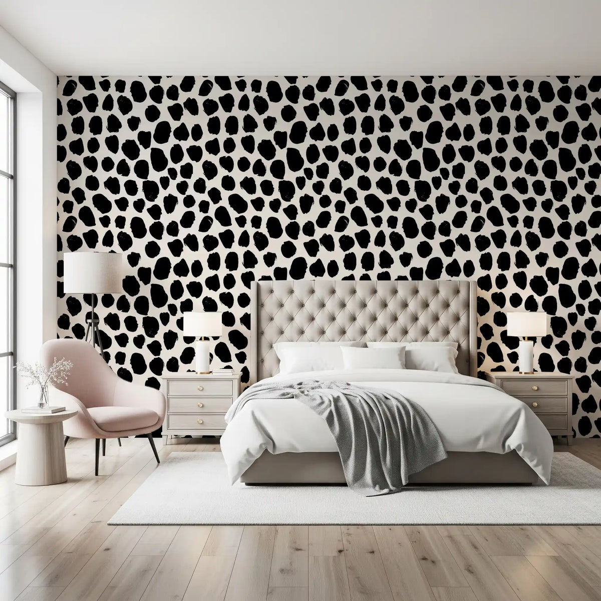 Black and cream spotted wallpaper in a dining room with wooden table GD12487