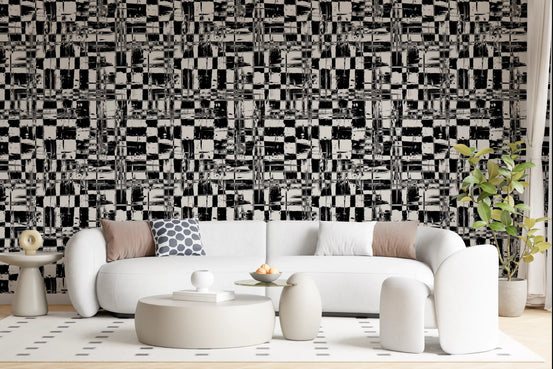 Monochrome ink grid wallpaper in a modern living room with curved white sofa GD12488