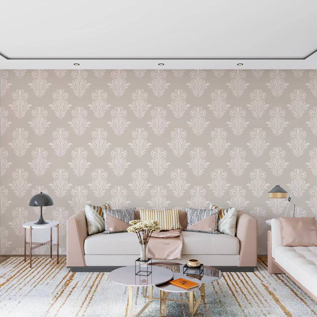 Creamy damask scroll wallpaper in a living room behind a blush pink sofa GD12492