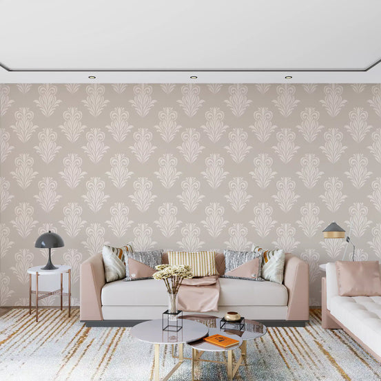 Creamy damask scroll wallpaper in a living room behind a blush pink sofa GD12492