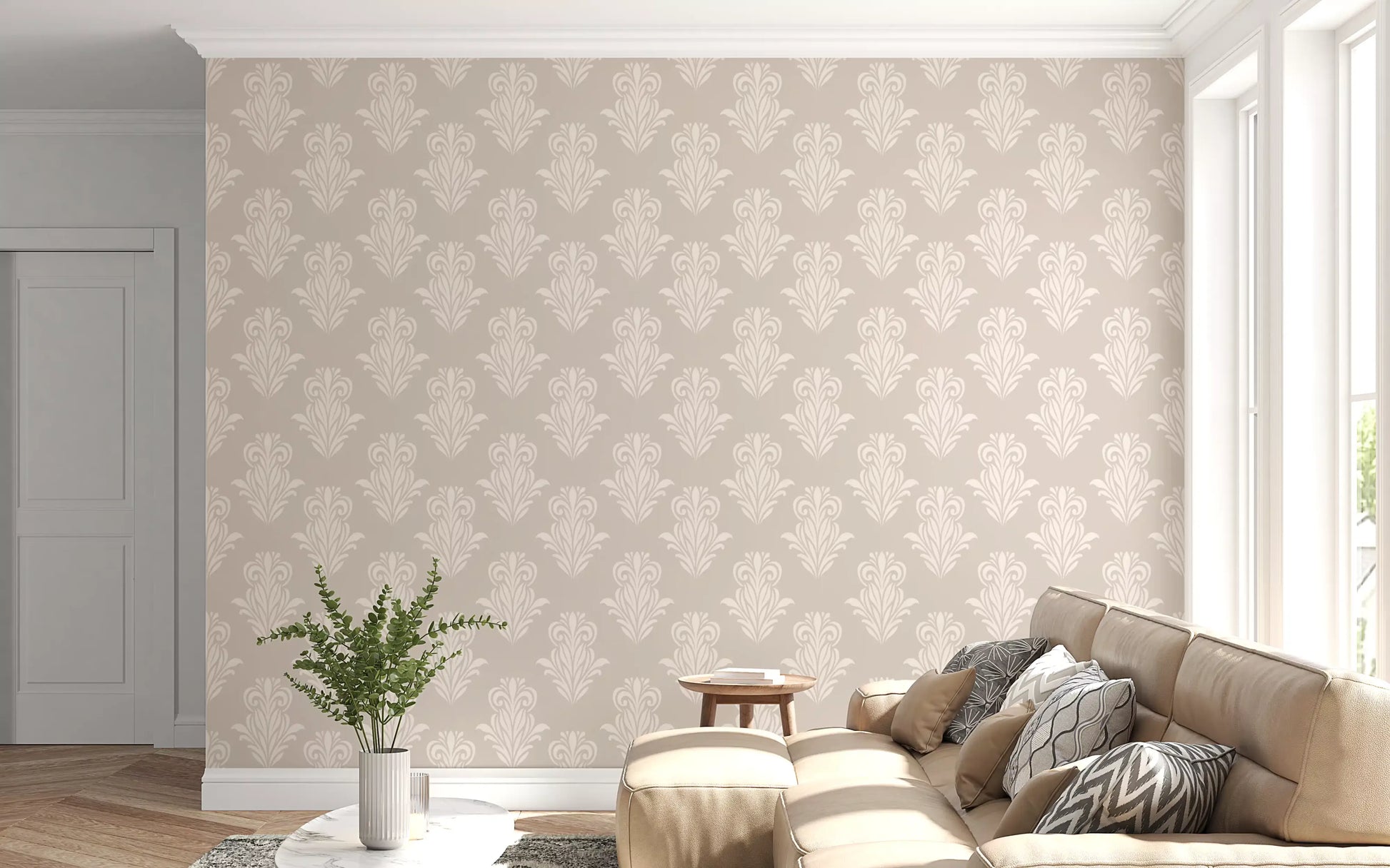 Creamy Damask Scroll Pattern Wallpaper⁠