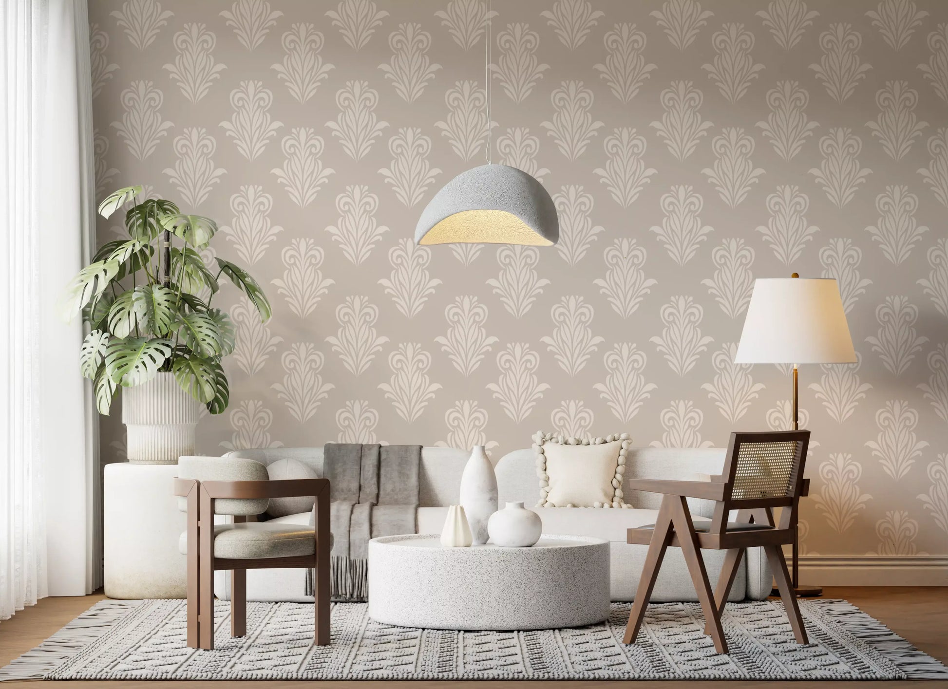 Creamy Damask Scroll Pattern Wallpaper⁠