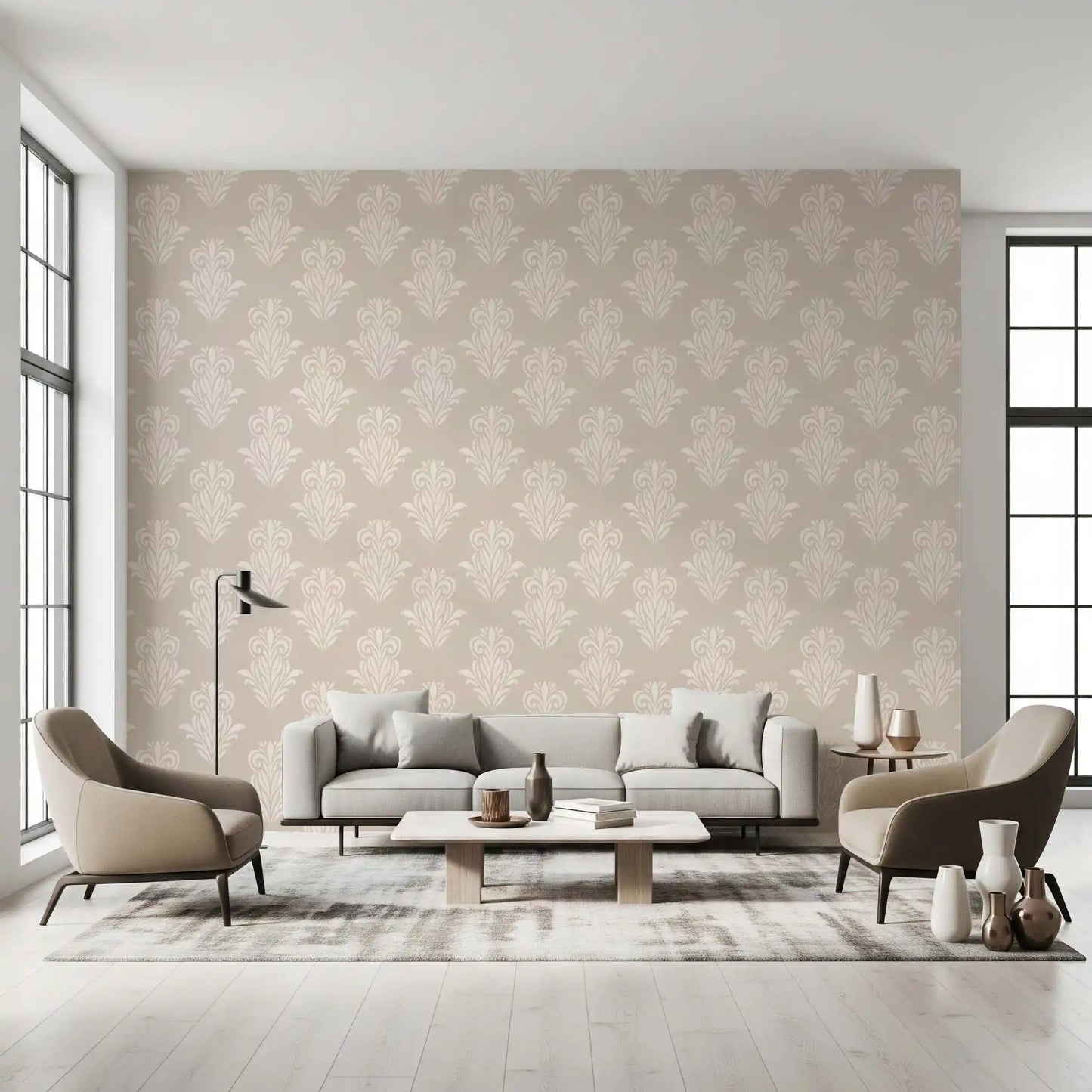 Creamy Damask Scroll Pattern Wallpaper⁠