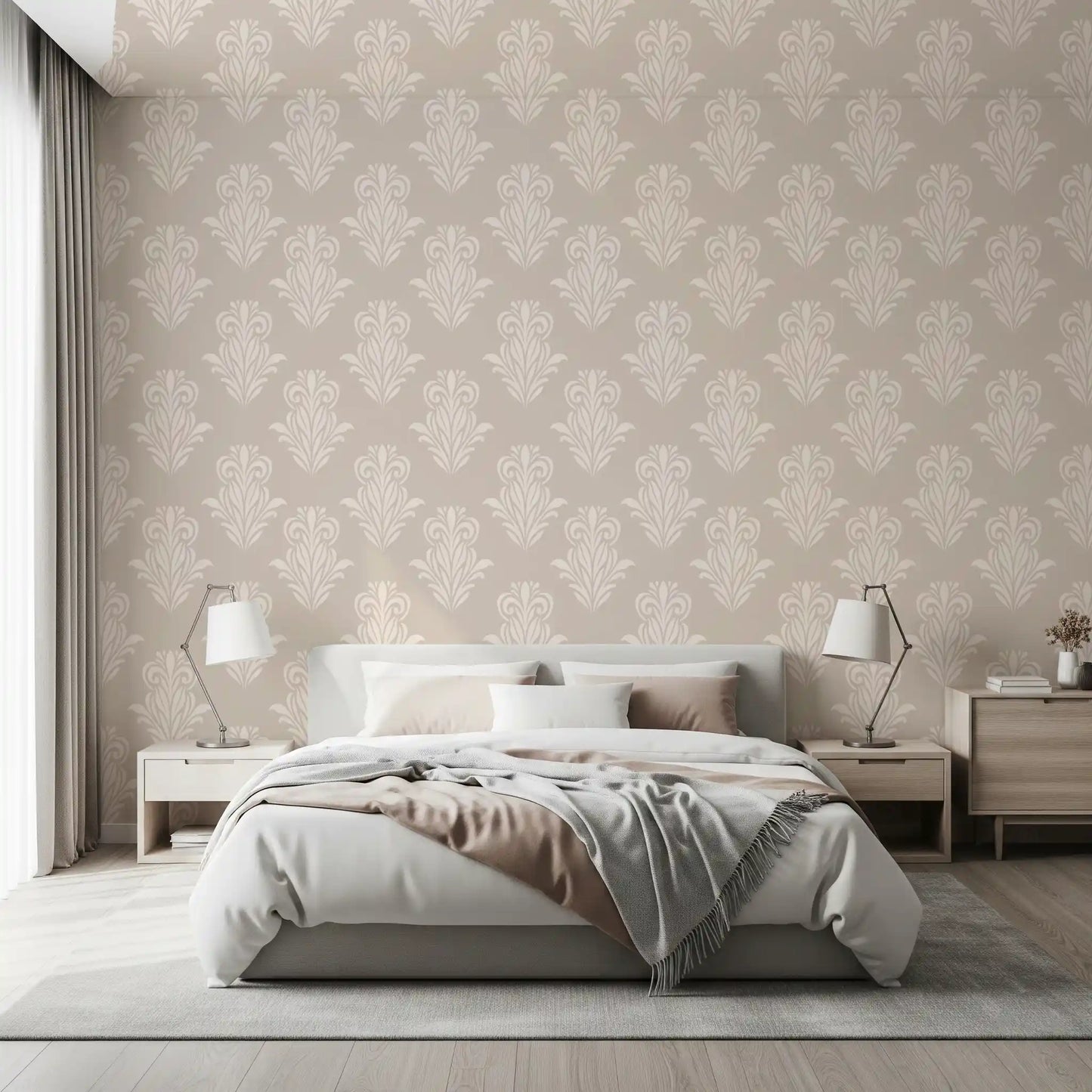 Creamy Damask Scroll Pattern Wallpaper⁠