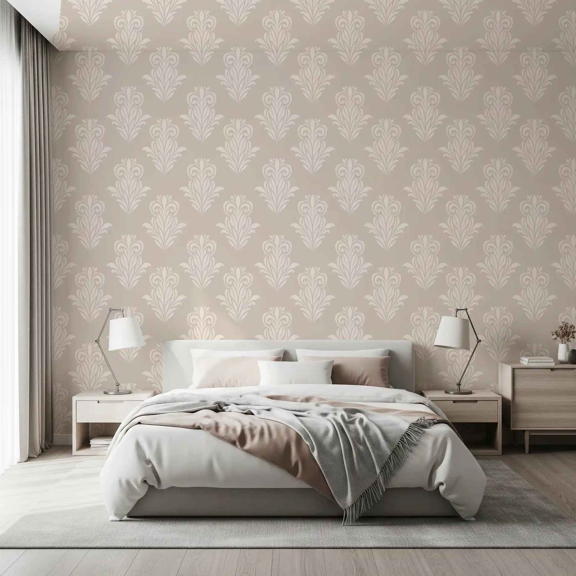 Creamy Damask Scroll Pattern Wallpaper⁠