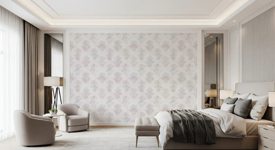 Grey brushed damask wallpaper in a calm bedroom with a cream armchair GD12493