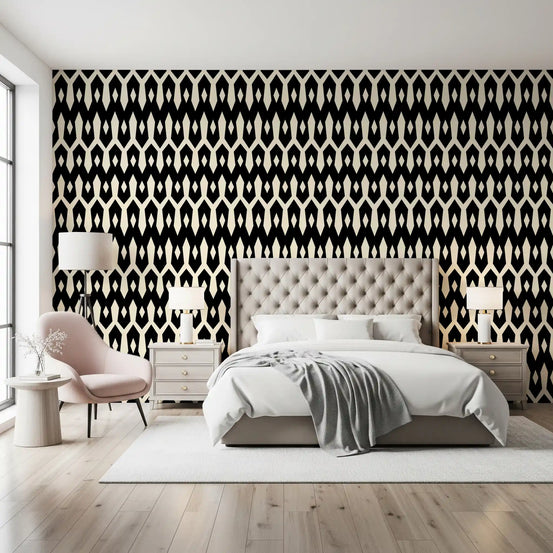 Black diamond motif wallpaper as a feature wall in a bright bedroom GD12494